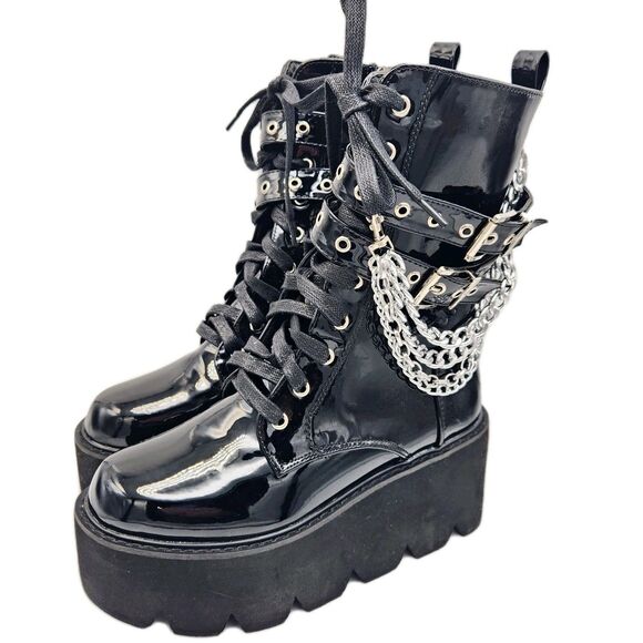 Gothic Punk Biker Patent Faux Leather Platform Wedge Boots Chain Buckle 36/6.5 - Picture 2 of 11